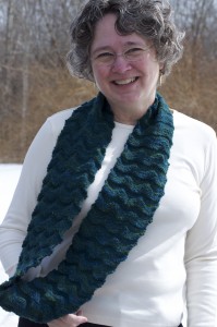 Welted waves cowl, by Knitwise Design, worn long