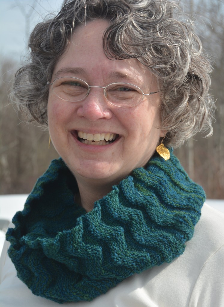 Welted Waves cowl, by Knitwise design, worn double looped